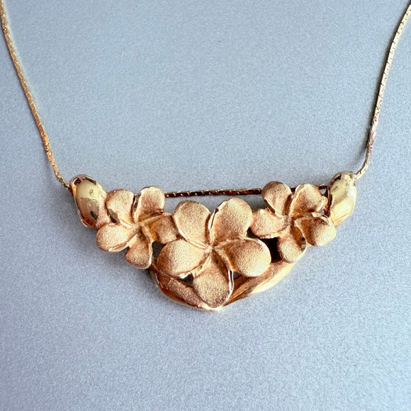 Jewelry - 14K Solid Yellow Gold Three Hawaiian Plumeria Flower Pendant Enhancer Necklace
